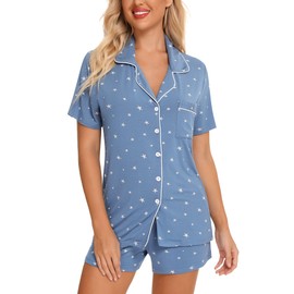 Anjue Pajama Sets for Women Soft Pjs Set Short Sleeve Sleepwear Set Loungewear Summer Pajamas Sets(A-Lake Blue Star,S)