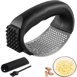 Exprimidor de Ajos, Picadora de Ajos con Mango Cómodo para Aplastar Ajos, Prensa de Ajo de Acero Inoxidable, con Pelador de Ajos y Cepillo, Picador de Ajo Innovador, Trituradora de Jengibre (Negro)