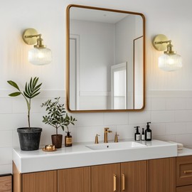 LPINMEIJU Vintage Wall Sconces with Clear Pumpkin Glass Lampshade, Indoor Bath-Room Wall Sconce, Modern Gold Industrial Lighting Fixture for Mirror Living Room Hallway 1 Pack