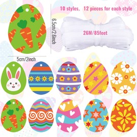 Whaline 120 Pcs Easter Egg Paper Cards 10 Designs Egg Cutouts with Hanging Ribbon Colorful Patterned Eggs Craft Cut-Outs Easter Tag Ornament for Party Hunt Banner Making Decoration Supplies