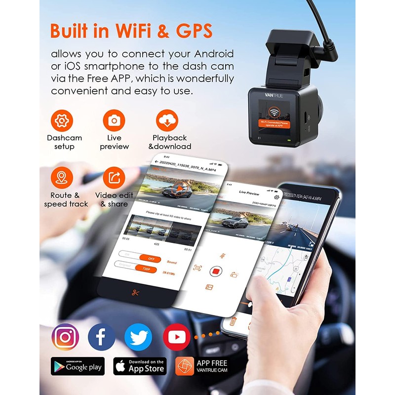 Vantrue E1 Mini 2.7K WiFi Dash Cam, 1944P Dash Camera