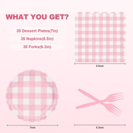 105 Pcs Pink Gingham Plates and Napkins, Pink and White Checkered Plates Scalloped Plaid Plate for Dinner Birthday Baby Shower Wedding Supplies Serve 35 Guests