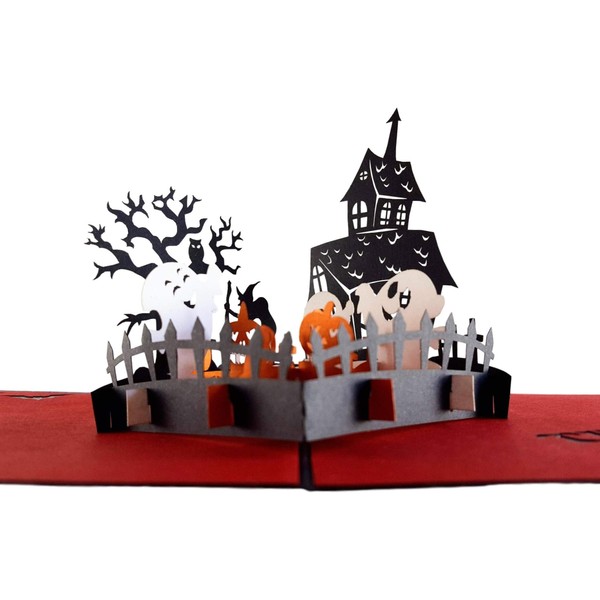 iGifts And Cards Halloween Trick or Treat 3D Pop Up Greeting Card - Pumpkin, Friendly Ghost, Witch, Owl, Haunted House, Bats, Graveyard, Tombstone, Jack-O-Lantern, Scary, Spooky, Half-Fold, Fun, Wow
