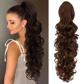 Cephermer Ponytail Extension, 24" Claw Clip in Ponytail Extensions Long Curly Wavy Ponytails Hair Extension Jaw Clip on Pony Tails Hairpiece for Women Light Brown