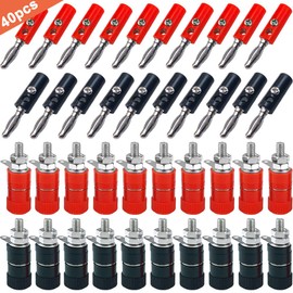 QitinDasen 40Pcs Premium 4mm Banana Plug Socket Connector Kit: 20Pcs Nickel Plating Banana Plug + 20Pcs Binding Post Terminal, for Speaker, Audio/Video Receiver, Amplifiers Systems (Red & Black)