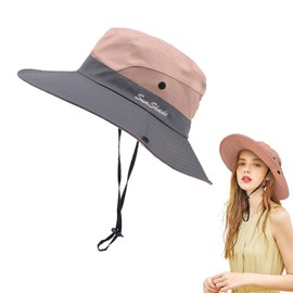 FUIPVGI Women Sun Hat, Summer Bucket Hat, Wide Brim UV Protection Mesh Ponytail Hat, Foldable Fisherman's Cap for Travel Hiking Fishing Beach Gardening Outdoor, One Size (Pink)