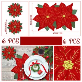 Tudomro 12 Pcs Christmas Embroidered Poinsettia Placemats and Coaster Set 14 Inches Applique Red Table Placemats Washable Double Flower Mats for Xmas Winter Holiday Wedding Festival Dinner Decorations