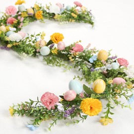 ZIFTY 5FT Easter Garland Spring Vine with Easter Eggs Flowers Berries for Rustic Mantle Arch Home Table Tree Decoration