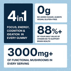 nika aiko Focus Mushroom Gummies, Boost Brain Health, Productivity, Mental Clarity, Sugar-Free, Gluten-Free, Vegan with Lion’s Mane, Cordyceps, Green Tea & Multivitamin, Citrus Flavor, 60 Count