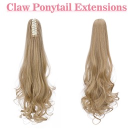 SLEEKALON Claw Clip Ponytail Extension Ponytail Extensions Jaw Clip in Hair Pony Tails Synthetic Hairpiece for Women 18 inch Long Curly Wavy Ends Fake Ponytail Light Ash Brown/Bleach Blonde