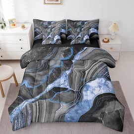 Erosebridal Black Gray Marble 7 Pcs Comforter Set King, Blue Marbling Crack Print Bedding for Adults, Abstract Metallic Texture Sheet Set Bed in A Bag, Grey Boho Hippie Fluid Reversible Black Quilt
