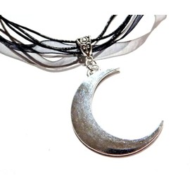 Silver-tone Crescent Moon Pendant on Black Organza Ribbon Choker Gothic Necklace