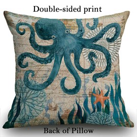 Smooffly Octopus Cushion Cover Cotton Linen Pillowcase Square Throw Pillow Cover Home Sofa Bedroom Decorative 18"X18" Blue 45 x 45 cm