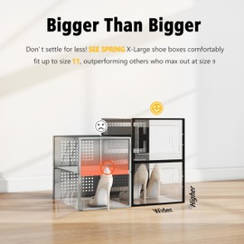 SEE SPRING X-Large Shoe Storage Box Fit Size 11, Clear Plastic Stackable Shoe Organizer for Closet, Space Saving Sneaker Shoe Rack Containers Bins Holders for Entryway, Under Bed, 12 Pack Black