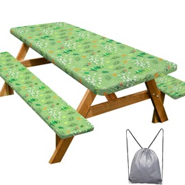 Picnic Table Cover with Bench Covers Camping Essentials Waterproof Windproof Camping Tablecloth with Drawstring Bag, Fitted Rectangle Tables and Seats, 60in, Grass Green
