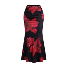 GORGLITTER Women's Floral Ruched Fishtail Maxi Skirt High Waisted Ruffle Elegant Long Skirts Black Small