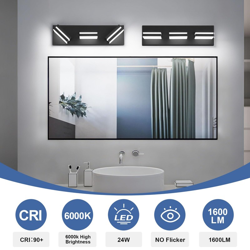 JZEKVN Modern LED Bathroom Lights Fixtures(3-Light),Metal Black Acrylic Wall Lighting,Vanity