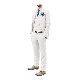 Men Suits Linen Ivory Beach Wedding Suits Seersucker 3 Piece Groomsmen Attire Linen Blazer Vest Pant Prom Tuxedo IV-3832