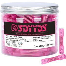 SDYYDS 200Pcs 22-16 AWG Red Marine Grade Heat Shrink Butt Connectors – Waterproof Wire Splice Connectors – Tinned Copper, Adhesive Lined, Strong Crimps Butt Splice 22-16