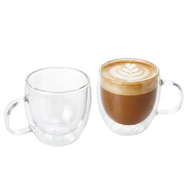 MESNEY Double Wall Insulated Espresso Cups & Mugs, Set of 2, 6.7 oz, Clear Glass for Coffee, Latte, Macchiato, Cappuccino & Tea, Dishwasher Safe