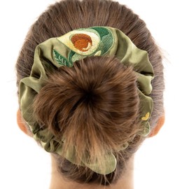 INT&TDR FANTASY Burgundy Scrunched Fabric Decoration with Floral Pattern, Silk Hair Ties, Ladies Silk Scrunchies Fruit Embroidery Design Women Girls Gifts