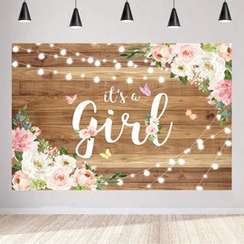 Aperturee It's a Girl Baby Shower Backdrop Watercolor Pink Floral Rustic Wood Floor Butterfly Photography Background 5x3ft Baby Girl Princess Party Decorations Photo Booth Studio Props Banner Supplies
