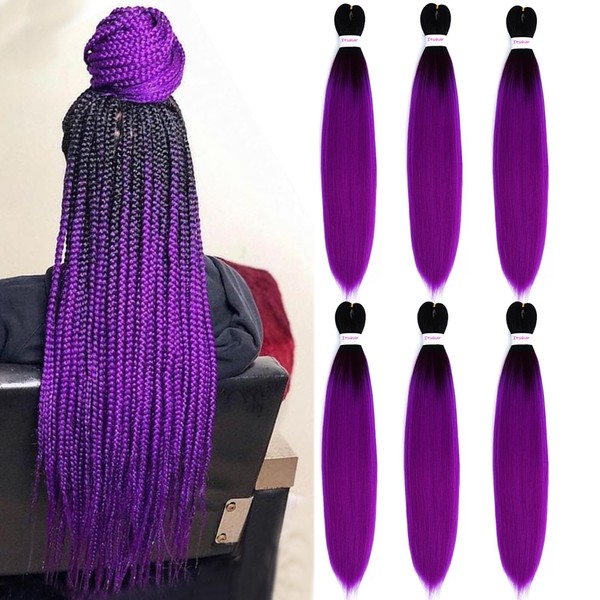 6Pack Ombre Purple Braiding Hair Prestretched Ombre Kanekalon Braiding Hair Extensions for Braiding 24inch Hot Water Setting Easy Braid Prestretched Kanekalon Braiding Hair Balck to Purple (1BPurple)