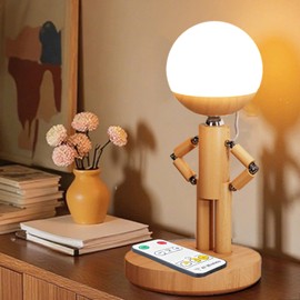 GZAODMCP Robot LED Table Lamp, Wooden Cordless DIY Desk Lamps, Creative Bedside Lamp with Adjustable Arm, Rechargeable Unique Lights for Bedroom Living Room Office