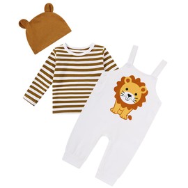 Kimoda Baby Boy Clothes Set 3-6 Months Fall Winter Newborn Infant Lion Outfits 3pcs Stripe Long Sleeved T-shirt + Casual Brown Overalls + Hat