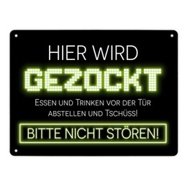"Hier wird gezockt" Metal Sign XL in 21 x 28 cm for Gamers in Yellow Funny Gift Idea for Boys and Girls who love computer games and would like to play all day long