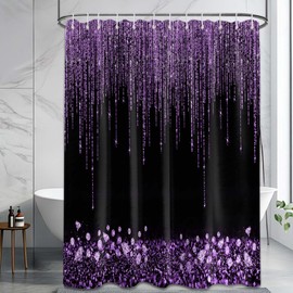 Yieldeer Black and Purple Shower Curtain Sparkle Shimmer Bathroom Decor Shiny Bath Curtain, (No Glitter), Waterproof Cloth Fabric with Hooks, 70 x 96 Inch