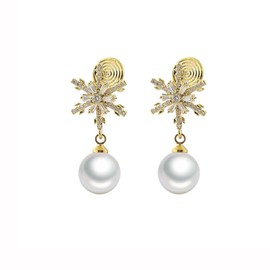 Clip On Snowflake CZ Pearl Dangle Drop Fake Stud Xmas Earrings for Women No Piercings Ear Dainty Elegant Gold Plated Crystal Winter Flower Cuff Wrap Earring Fashion Jewelry Gifts for Birthday