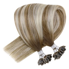 Vivien Real Hair Bonding Extensions, 45 cm, U-Tip Human Hair, #6/60/6 Balayage Medium Brown with Blonde and Medium Brown, Remy Cheratina Extensions, Real Hair, 50 g / 50 Strands