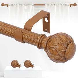 TANGWIN Wood Boho Curtain Rods for Windows:72-144Inch Wooden Farmhouse Curtain Rod for Bedroom Living Room,Heavy Duty Adjustable Rustic Decorative Drapery Rod with Vintage Imitation Wood Finial,Brown