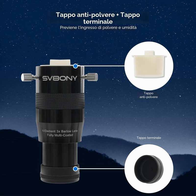 Svbony SV216 Lenti di Barlow 3x, 1.25" Metallo Barlow 4-Elementi