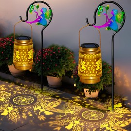 2 Packs Fairy Solar Lanterns Outdoor Waterproof with Shepherd Hook,Hanging Solar Lights Fairy Garden Decor,Mother's Day Gifts for Women Grandma,Metal Decorative Lanterns for Yard,Patio,Table,Pathway