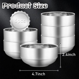 Hyuetrsa 6 Pcs Stainless Steel Bowls, 4.7 inches deep x 2.4 inches high Soup Bowls Stainless Steel Cereal Bowls Double-walled Metal Serving for Rice, Ice cream, Food-grade Material Dishwasher Safe