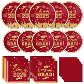 Graduation Plates and Napkins 2025 Graduation Party Supplies, Class of 2025 Congrats Grad Disposable Paper Plates Cocktail Napkins Set for Maroon Gold 2025 Graduation Party Decorations Sets, Serve 50