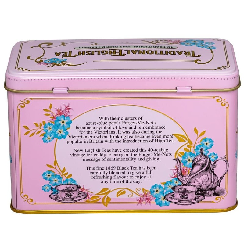 New English Teas Vintage Pink Tea Tin with Victorian Illustrations