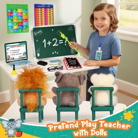 Alritz Pretend Play Teacher Set, School Stuff, Role Play Preschool Learning Activities Classroom Set for Girl Boys Include Dolls, Toy Laptop, Black Board, Birthday Gift 5 6 7 8 9+ Years Old