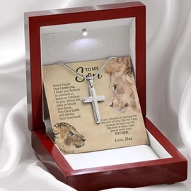 To My Son Gifts From Dad And Mom - Father Mother and Son Necklace, Birthday Gift For My Son Graduation Christmas Faith Cross Necklace (Lion Son Dad Cross Necklace, Mahogany Style Luxury Box (w/LED))
