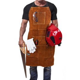 DIMWELD Welding Apron, Heavy Duty Workshop Apron for Welders and Blacksmiths, 6 Pockets, Light Brown, Cowhide Leather, One Size