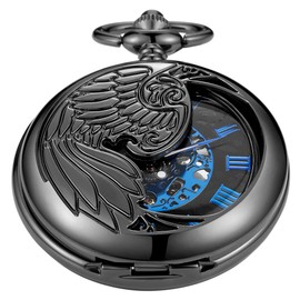 Tiong Black Half Side Hollow Carved Wing Pattern Mechanical Pocket Watch,Roman Digital dial Mechanical Pocket Watch for Men
