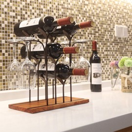 Tabletop Wood Wine Holder, Countertop Wine Rack, Hold 4 Wine Bottles and 4 Glasses, Perfect for Home Decor & Kitchen Storage Rack, Bar, Wine Cellar, Cabinet, Pantry, etc, Wood & Metal (Bronze)