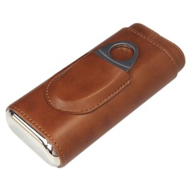 Leather Cigar Case Three-Finger Portable Cigar Humidor Cowhide Material Leather Case Box With Silver Cigar Cutter Gift