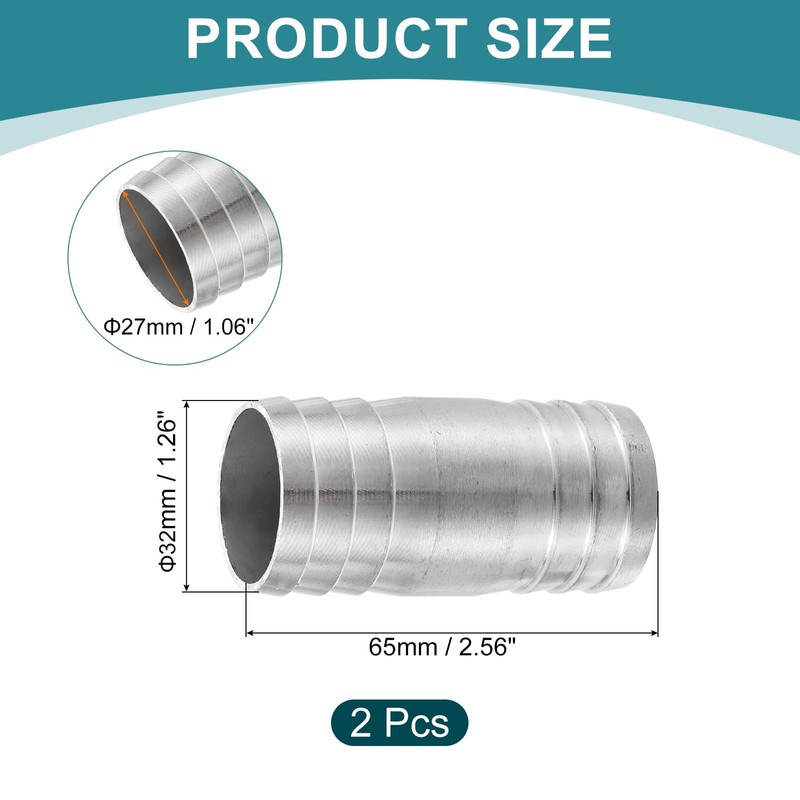 sourcing map 2Pcs 32x65mm Hose Barb Equal Pipe Fitting, 304