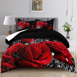 Raphus cucullatus Red Rose Comforter Set Twin,Red Bedding Twin Size Comforter Sets,Red Bedroom Decor for Women,Red Rose Twin Bedding Set,Flower Bed Comforter Twin Set