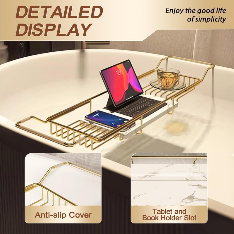 BVL Bathtub Tray Stainless Steel with Marble Base Gold Bathtub