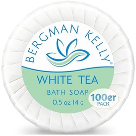 BERGMAN KELLY Sanitary Soap Bars (White Tea, 0.5 oz, 100PK), Travel Size Luxury Bulk Hotel Bar Soap, Mini Individually Wrapped Round Soap, Hotel Toiletries for Airbnb, Motel, Guest Bathroom