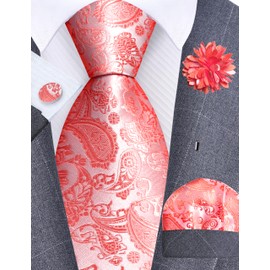 Gusleson Mens Coral Tie for Wedding Coral Pink Silk Paisley Necktie Pocket Square Cufflinks and Lapel Pin Brooch Set (UK6105-22)